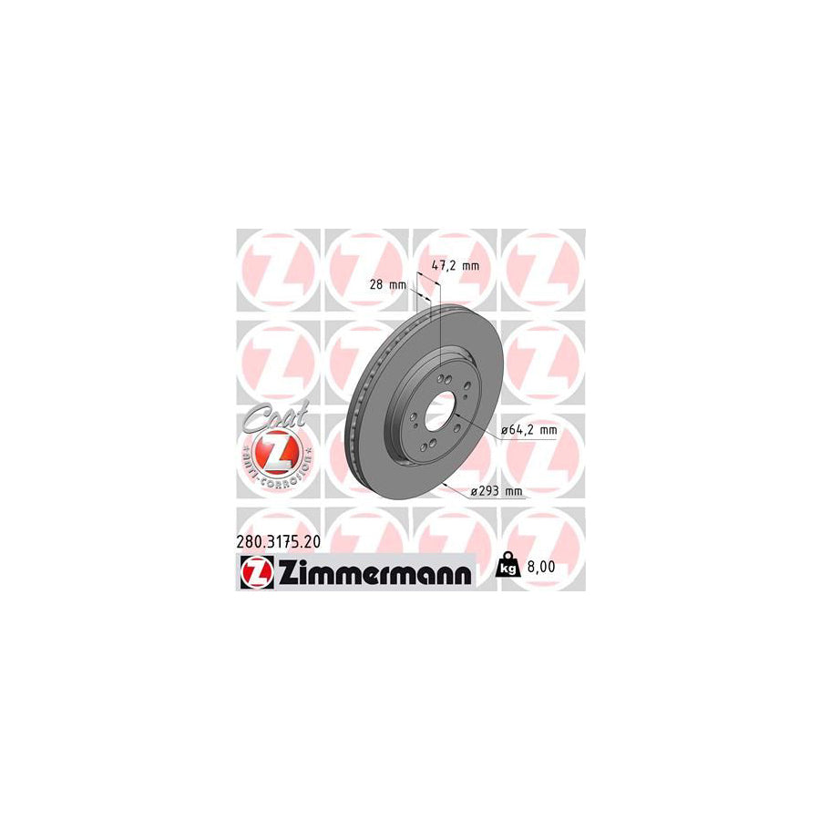 ZIMmERMANN COAT Z 280 3175 20 Brake Disc for HONDA CR V Externally Vented Coated