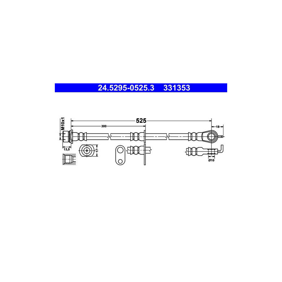 ATE 24 5295 0525 3 Brake Hose for TOYOTA Yaris I Hatchback P1 525Mm M10X1 