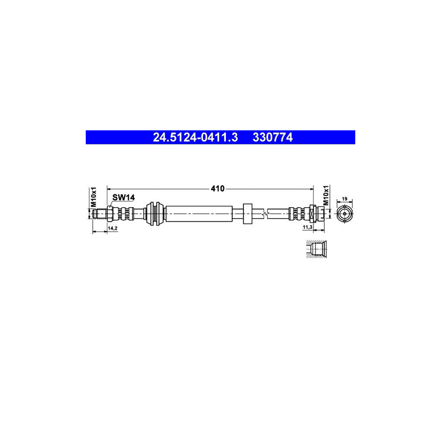 ATE 24 5124 0411 3 Brake Hose for FORD FOCUS 410Mm M10X1 